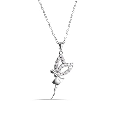 Rhodium Plated 925 Sterling Silver Fairy with Clear CZ Wings Adjustable Necklace