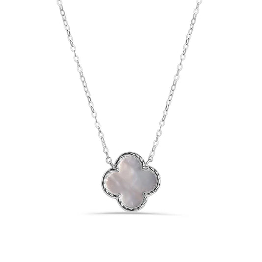 Rhodium Plated 925 Sterling Silver Synthetic Pearl Four Leaf Clover Adjustable Necklace