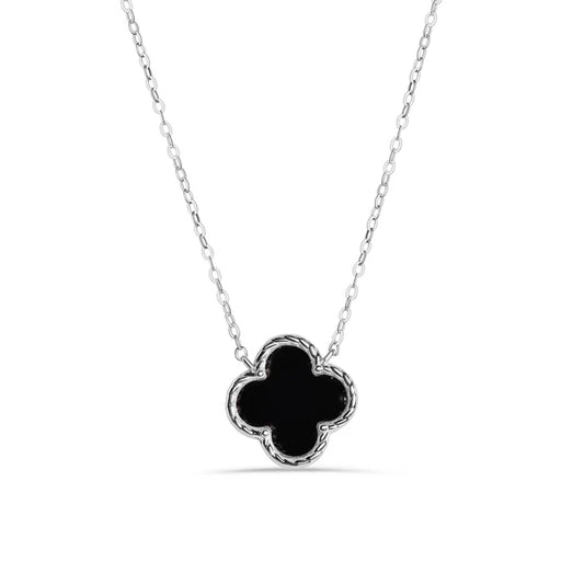 Rhodium Plated 925 Sterling Silver Black Enamel Four Leaf Clover Adjustable Necklace