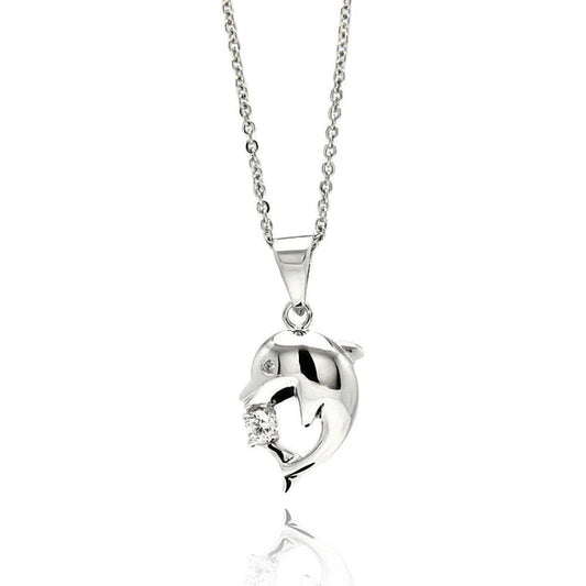 Silver 925 Rhodium Plated Dolphin CZ Necklace