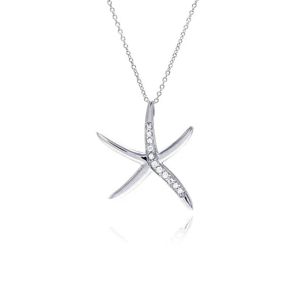 Silver 925 Rhodium Plated Clear CZ Starfish Pendant Necklace