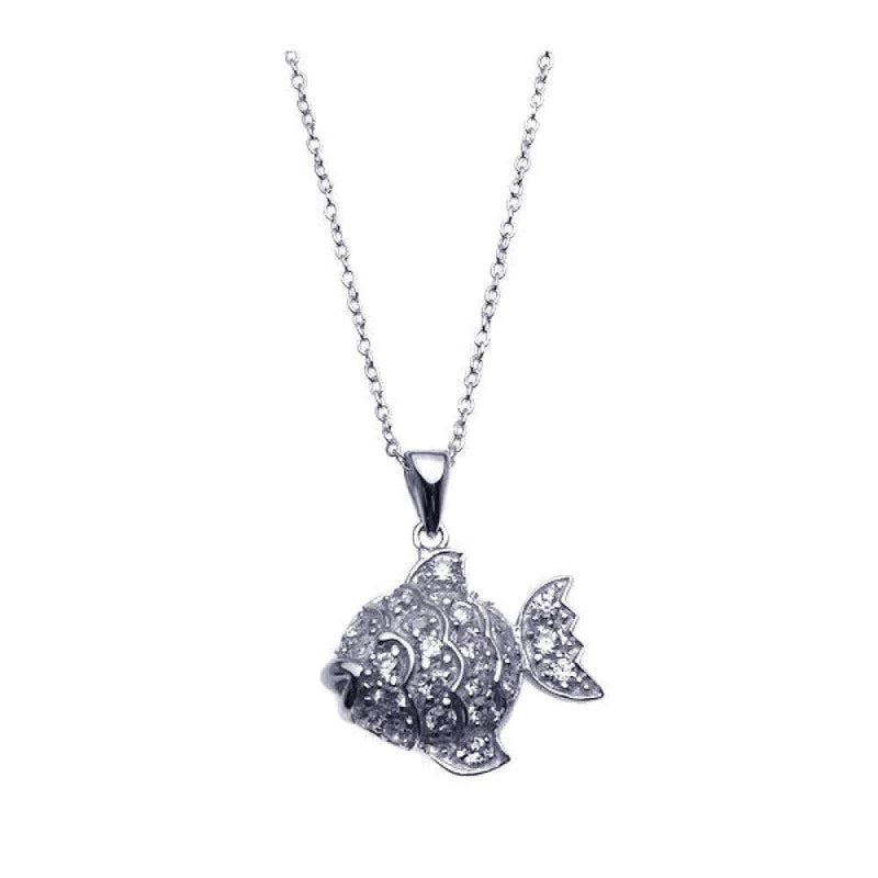 Silver 925 Rhodium Plated Clear CZ Fish Pendant Necklace