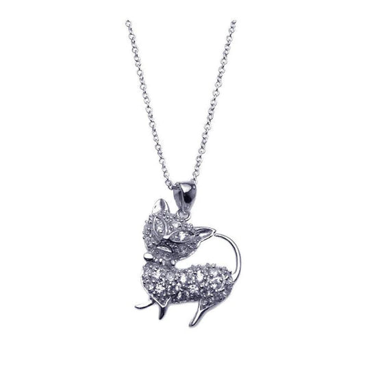 Silver 925 Rhodium Plated Clear CZ Cat Pendant Necklace