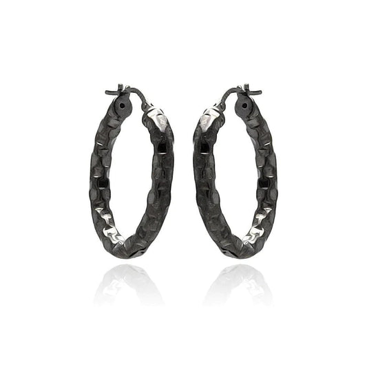 Silver 925 Black Rhodium Plated Oval Hoop Earrings