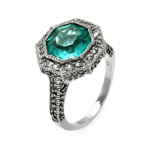 Silver 925 Oxidized Rhodium Plated Teal Octagon CZ Ring