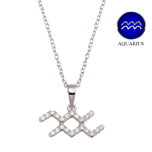 Silver 925 Rhodium Plated Aquarius CZ Zodiac Sign Necklace