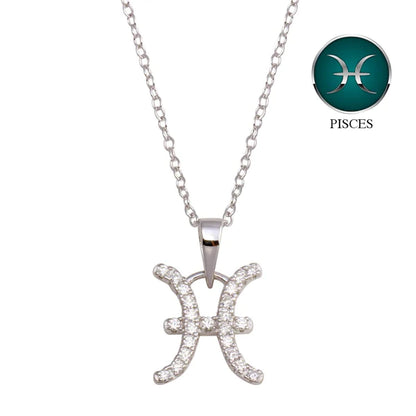 Silver 925 Rhodium Plated Pisces CZ Zodiac Sign Necklace