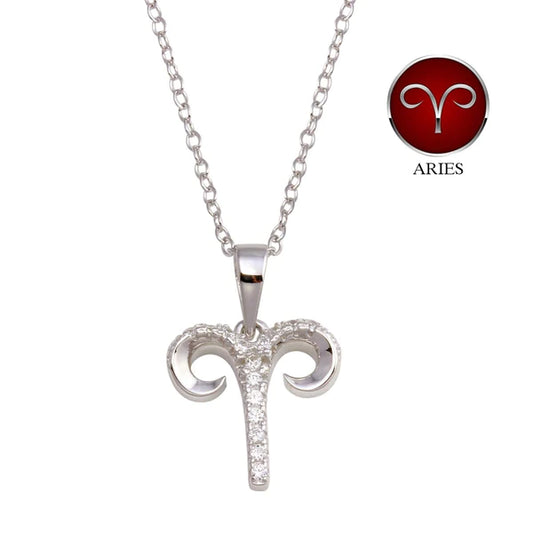 Silver 925 Rhodium Plated Aries CZ Zodiac Sign Necklace