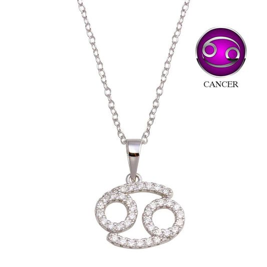 Silver 925 Rhodium Plated Cancer CZ Zodiac Sign Necklace