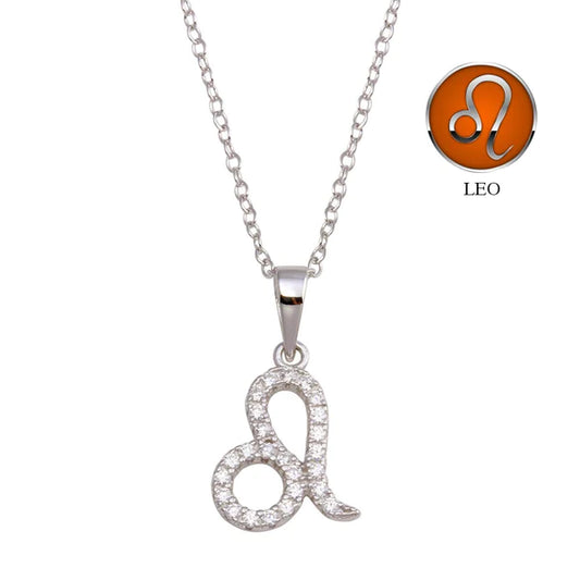 Silver 925 Rhodium Plated Leo CZ Zodiac Sign Necklace