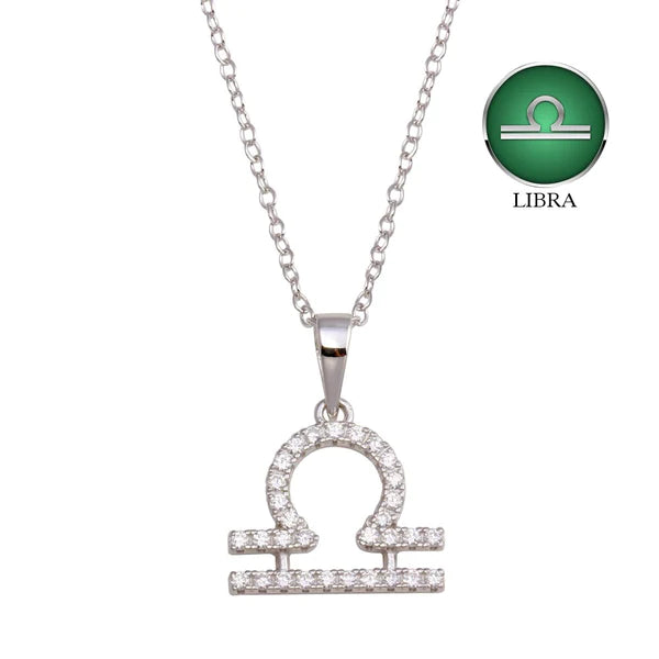 Silver 925 Rhodium Plated Libra CZ Zodiac Sign Necklace