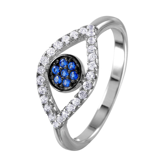 Silver 925 Rhodium Plated Open Evil Eye Ring with Blue Center Stones