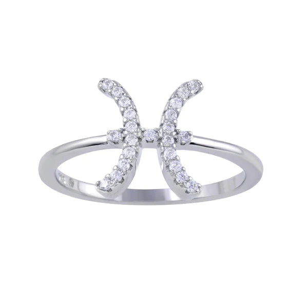 Sterling Silver 925 Rhodium Plated Pisces CZ Zodiac Sign Ring