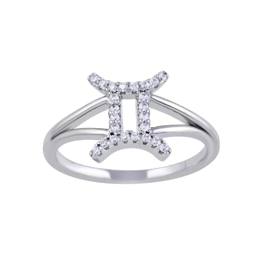 Sterling Silver 925 Rhodium Plated Gemini CZ Zodiac Sign Ring