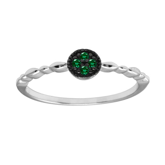 Silver 925 Rhodium Plated Round Shape 4 Green CZ Ring