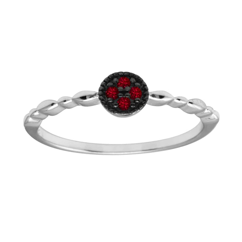 Silver 925 Rhodium Plated Round Shape 4 Red CZ Ring