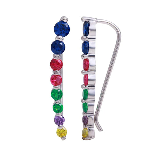 Sterling Silver 925 Rhodium Plated Round Multi-Colored CZ Stone Climbing Earrings