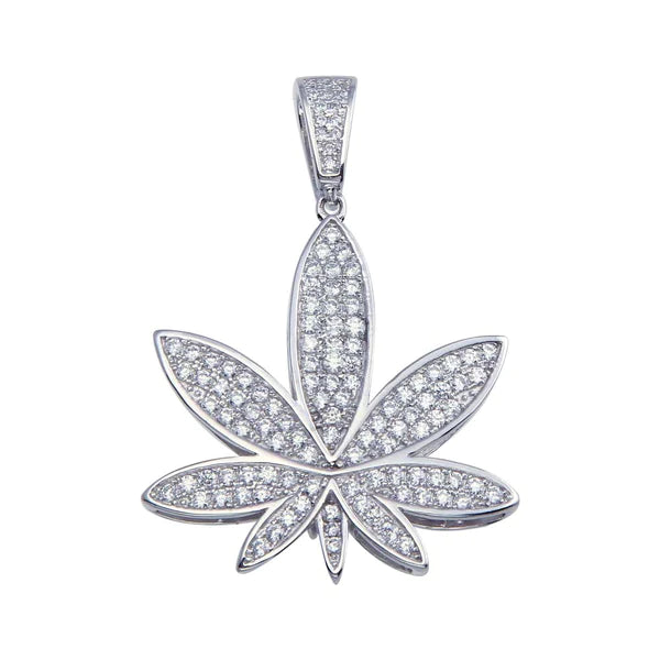 Silver 925 Rhodium Plated CZ Marijuana Hip Hop Pendant