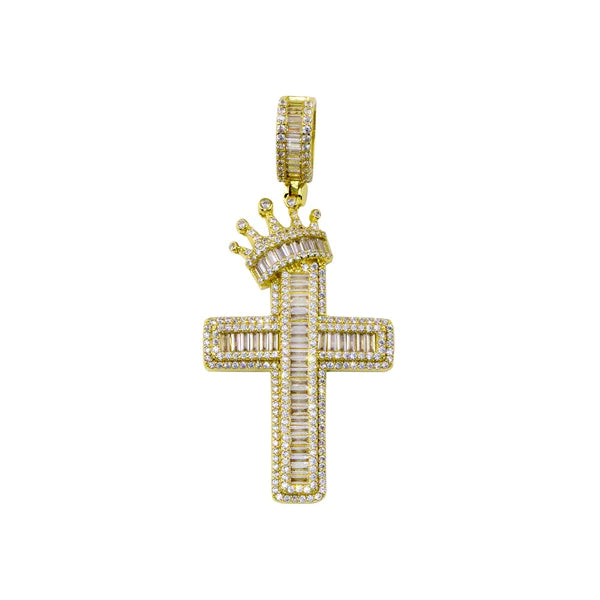 Silver 925 Gold Plated CZ Crown Cross Hip Hop Pendant