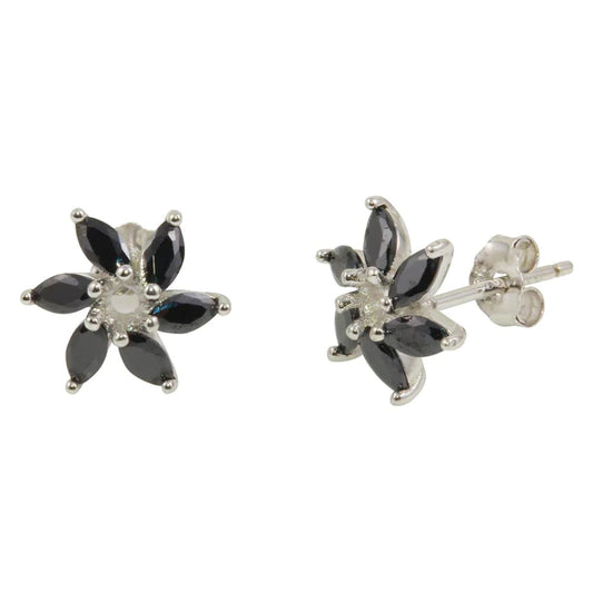 Sterling Silver 925 Rhodium Plated Black 6 Petal Flower Stud Earrings