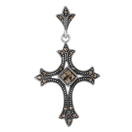 Sterling Silver 925 Spiked Cross Shaped Pendant with Black CZ Accents