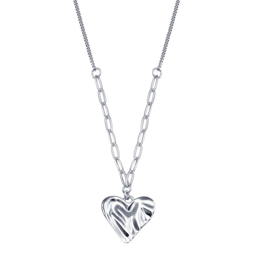 Silver 925 Rhodium Plated Creased Heart Necklace