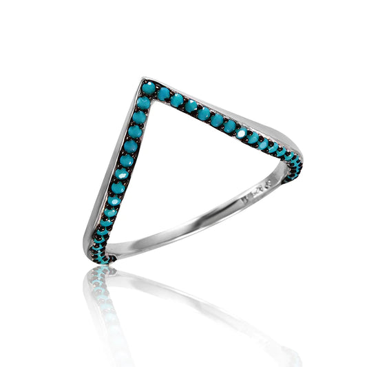 Silver 925 Rhodium Plated V Ring with Turquoise Stones