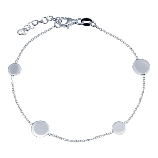 Sterling Silver 925 Adjustable Single Strand Rhodium Plated Bracelet with 4 Disc