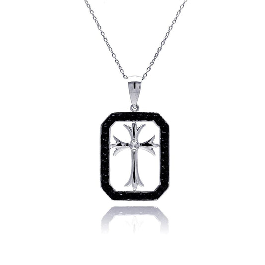 Silver 925 Rhodium and Black Rhodium Plated Black CZ Cross Necklace