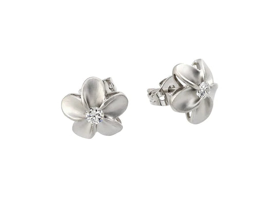 Silver 925 Rhodium Plated Flower Round CZ Stud Earrings